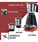 Capri Mixer Grinder 750W, 3 Stainless Steel Jars, Black & Red, 5 Years Warranty